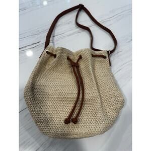 Montce Ali Raffia Bucket Bag w/ Brown Vegan Leather Strap and Gold Tone Hardware